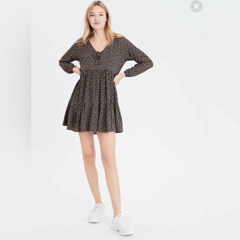 American Eagle Long Sleeve Black Mini Babydoll Dress Size Large - Picture 2 of 6